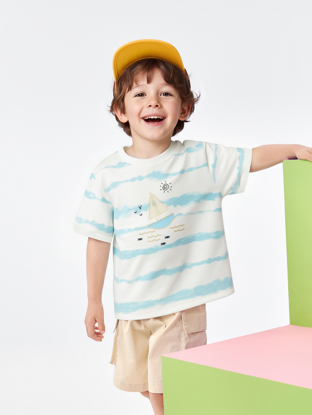 Balabala Boys Sailboat T-Shirt Blue White,Raw White,Medium Gray