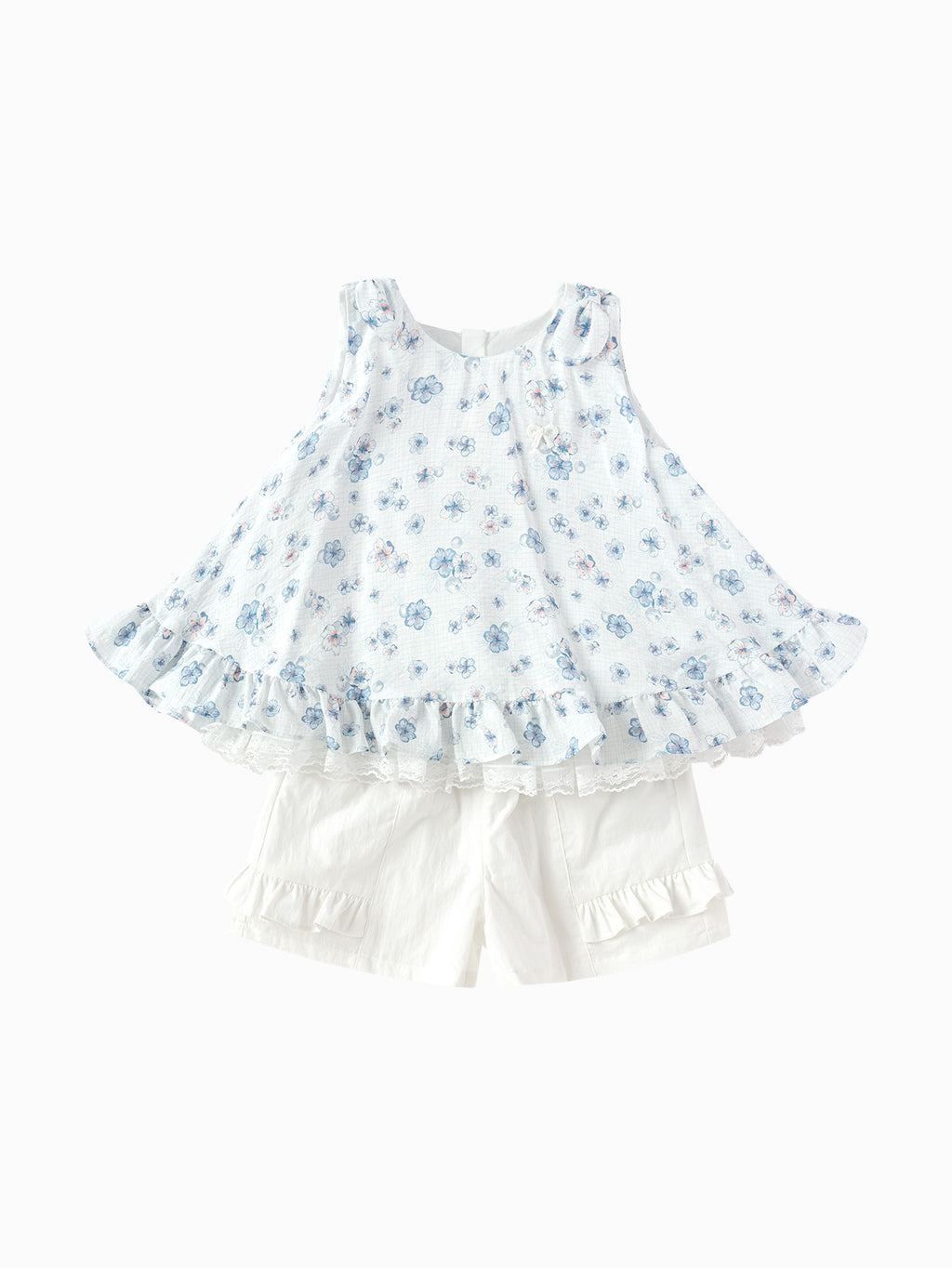 Balabala Girls Floral Top and Shorts Set White Blue