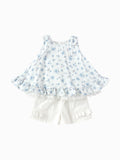 Balabala Girls Floral Top and Shorts Set White Blue