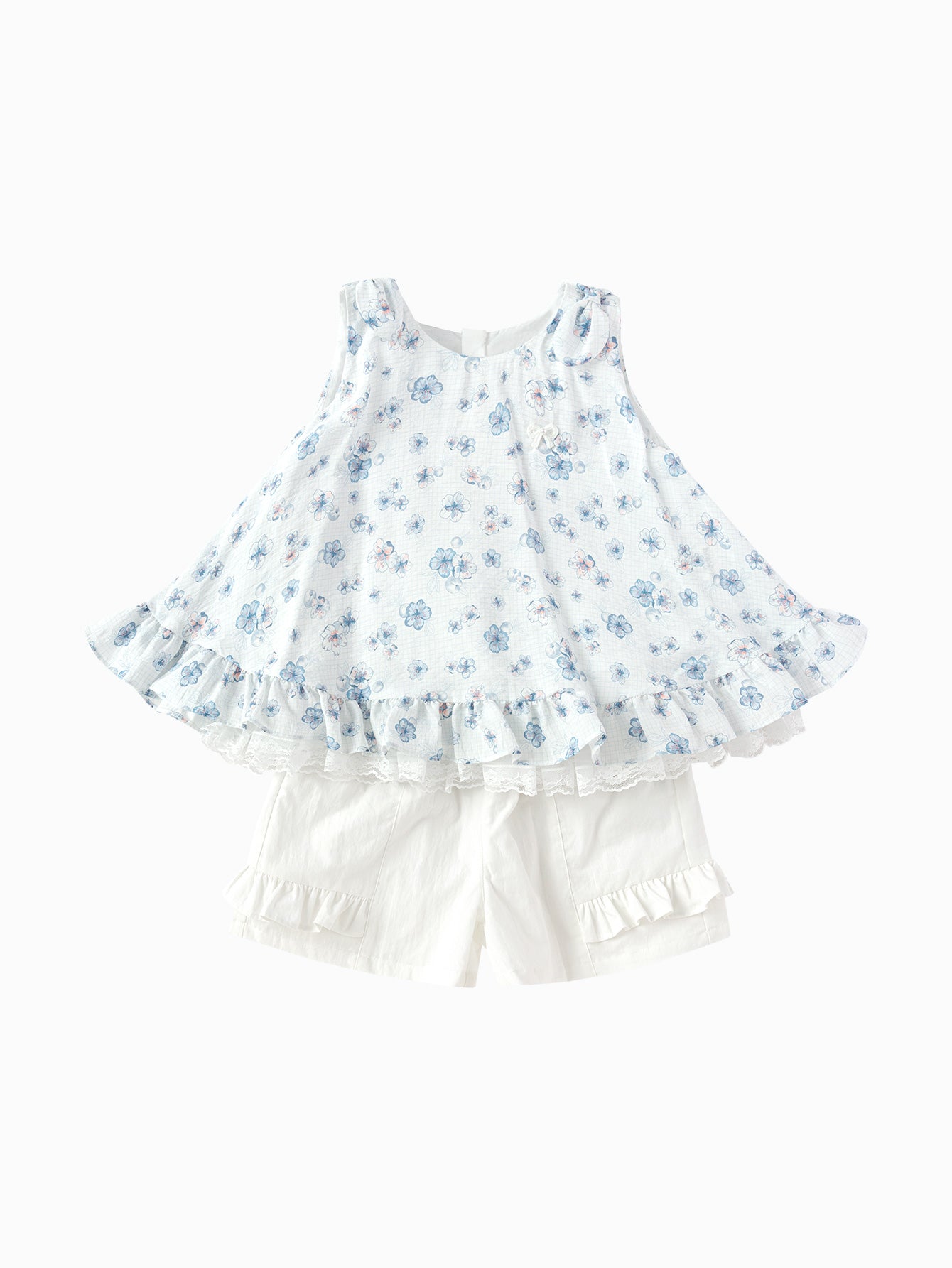 Balabala Girls Floral Top and Shorts Set White Blue