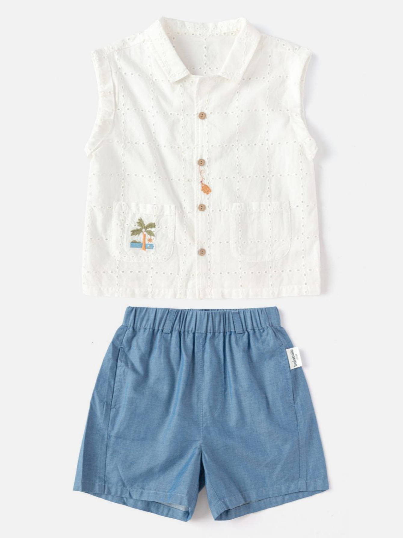 Balabala Knit Vest and Shorts Set White Blue