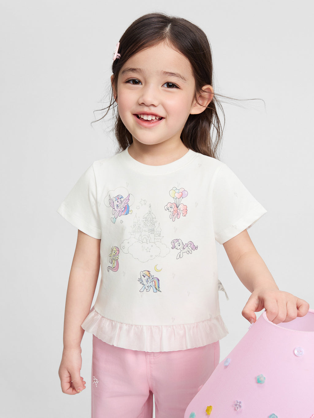Balabala Girls Pony Ruffle T-Shirt White,Visions Pink,Ice blue