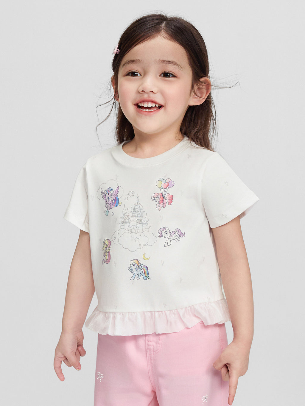 Balabala Girls Pony Ruffle T-Shirt White,Visions Pink,Ice blue