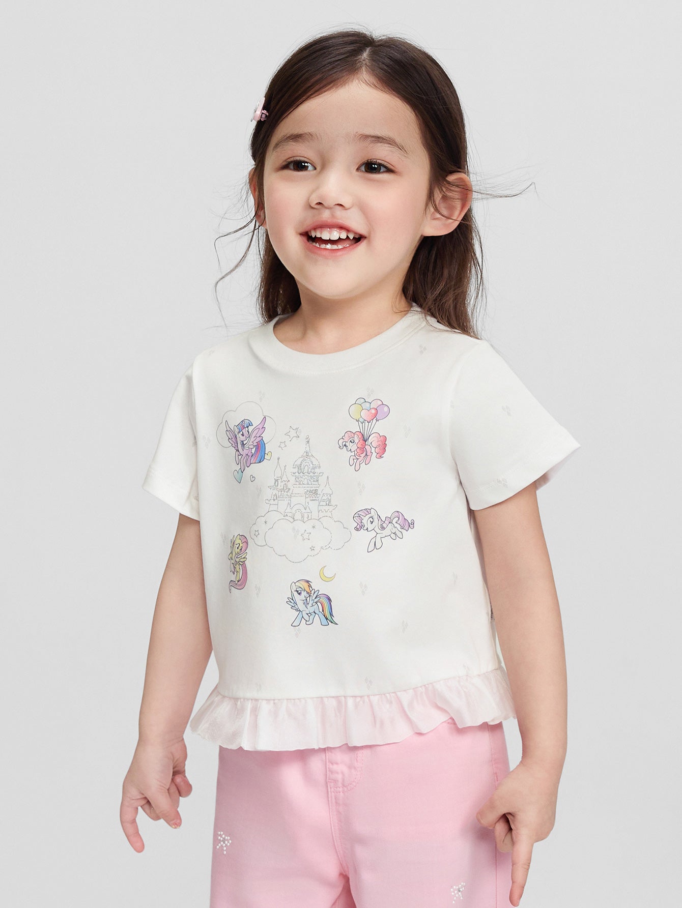 Balabala Girls Pony Ruffle T-Shirt White,Visions Pink,Ice blue