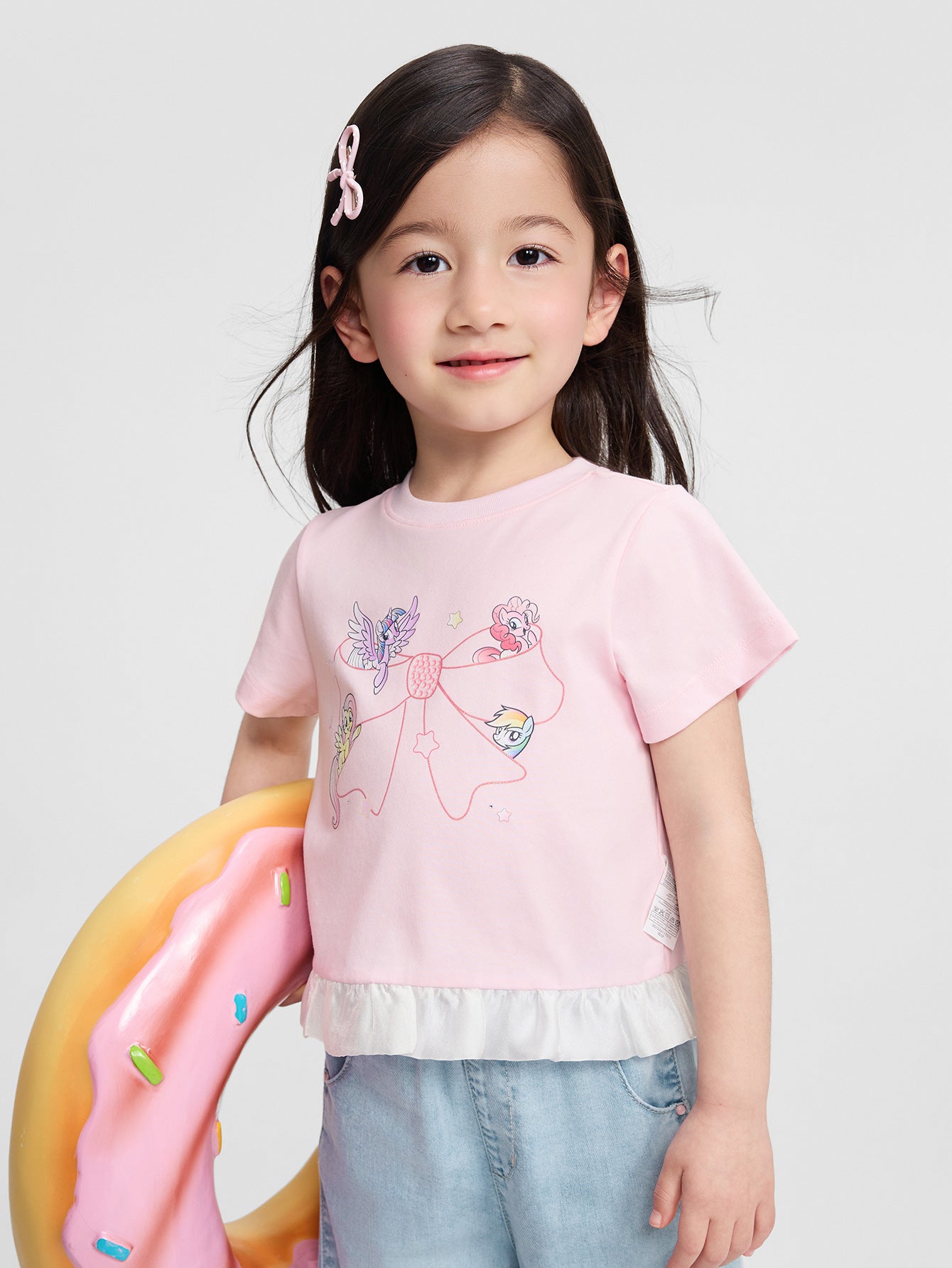 Balabala Girls Pony Ruffle T-Shirt White,Visions Pink,Ice blue