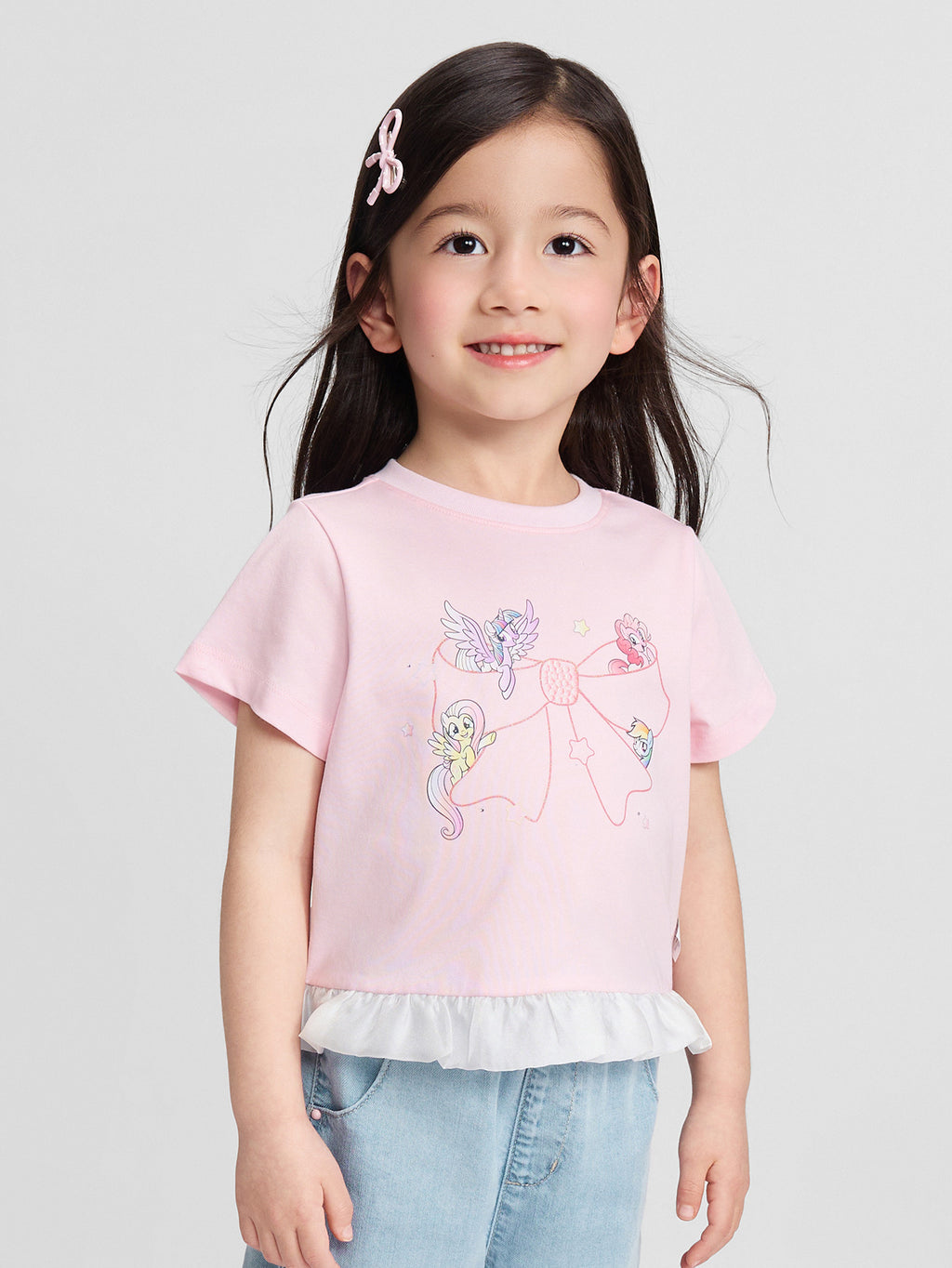 Balabala Girls Pony Ruffle T-Shirt White,Visions Pink,Ice blue