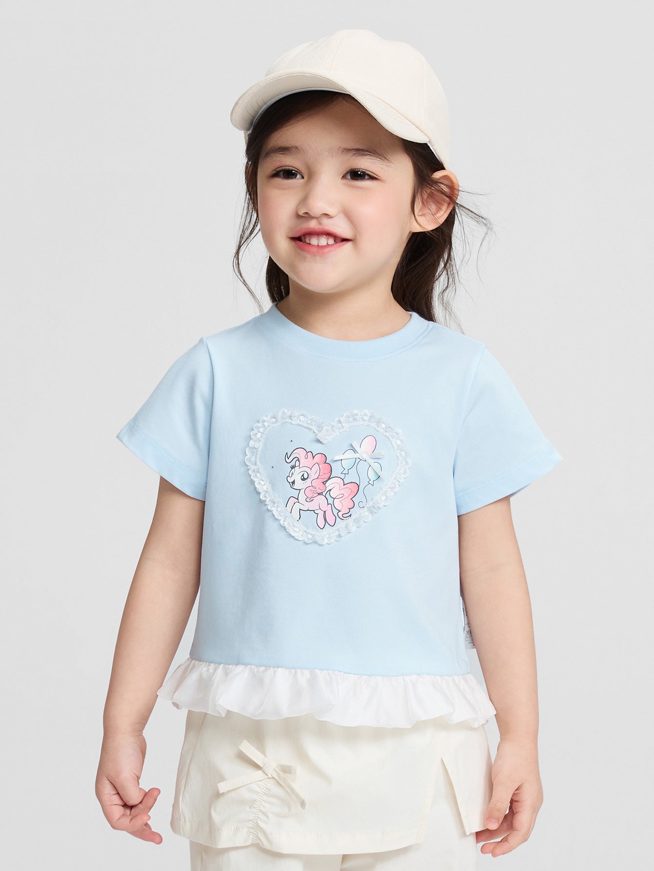 Balabala Girls Pony Ruffle T-Shirt White,Visions Pink,Ice blue