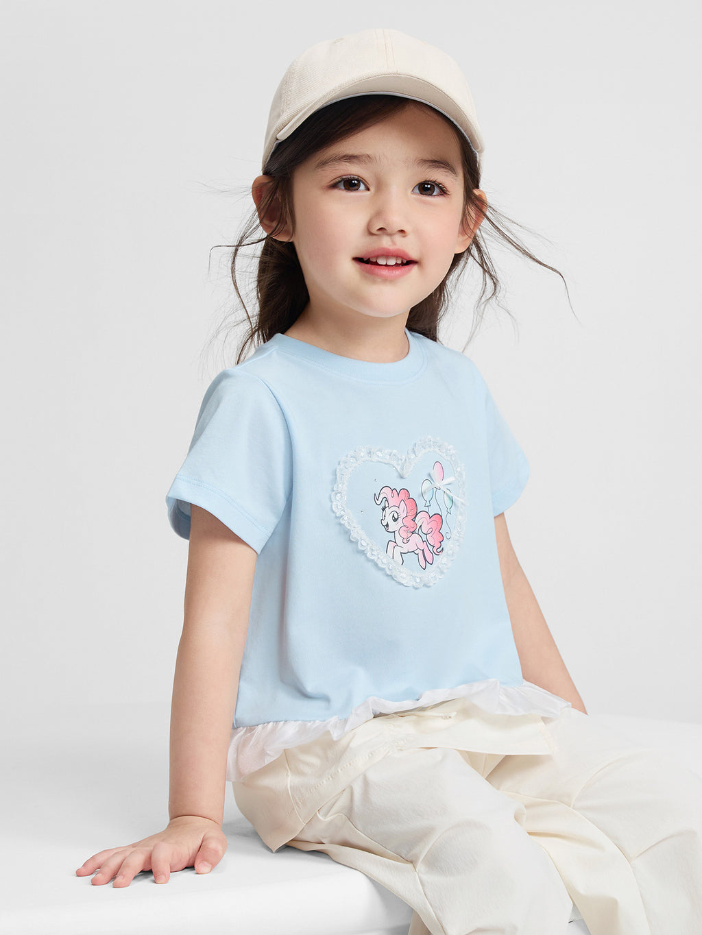 Balabala Girls Pony Ruffle T-Shirt White,Visions Pink,Ice blue