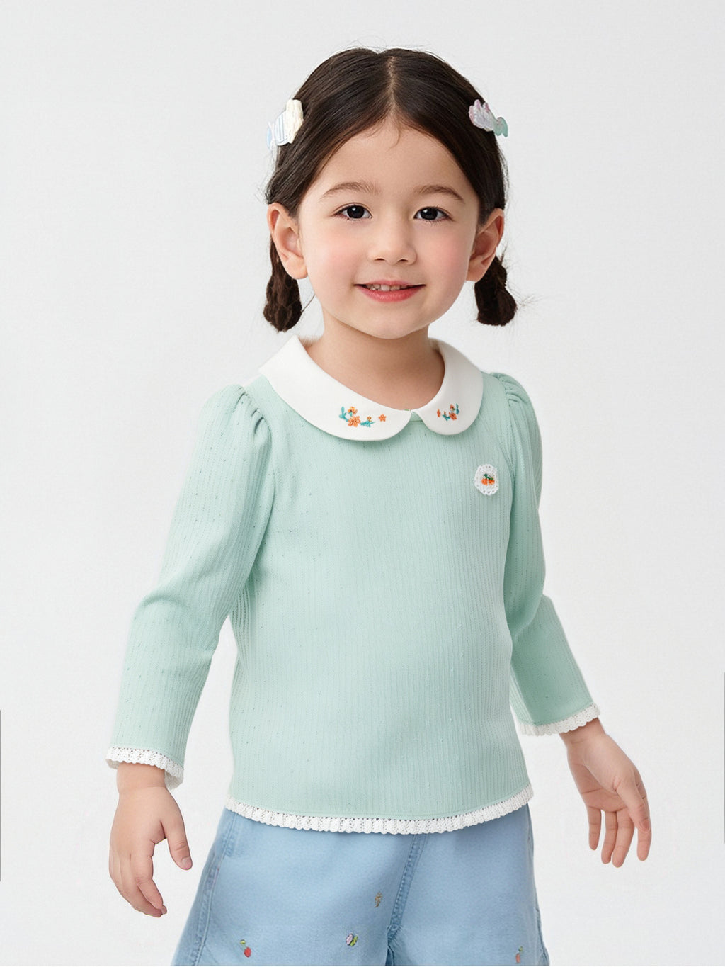 Balabala Long Sleeve T-Shirt Mint Green, Off-White, Ribbed Fabric