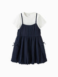 Balabala Girls Layered Dress Set Blue White,Navy White