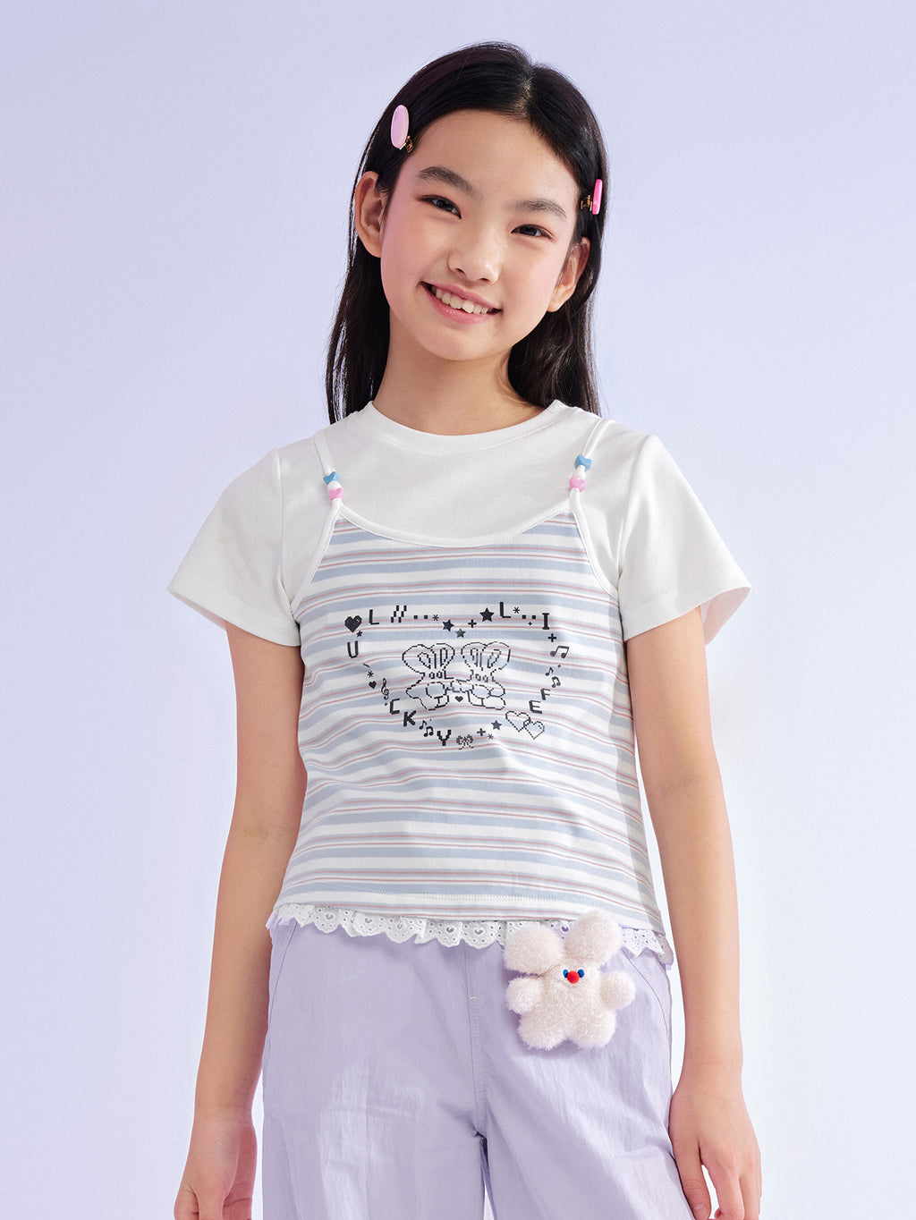Balabala Girls Stripe T Shirt White Blue