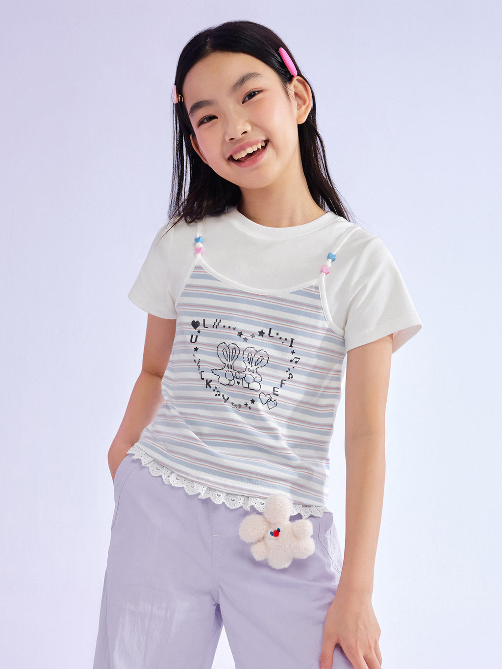Balabala Girls Stripe T Shirt White Blue
