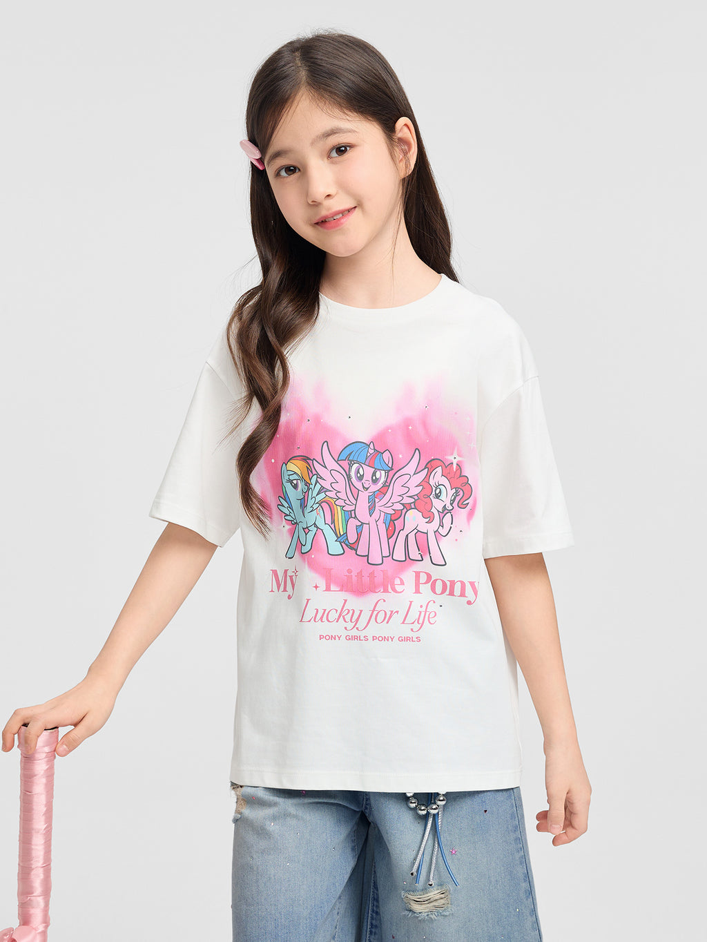 Balabala Girls Pony Graphic T-Shirt Gray,Raw White,Rose Red,Ice blue
