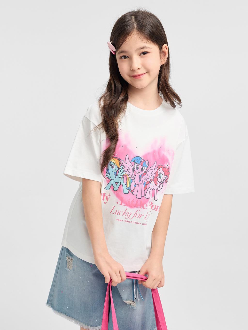 Balabala Girls Pony Graphic T-Shirt Gray,Raw White,Rose Red,Ice blue