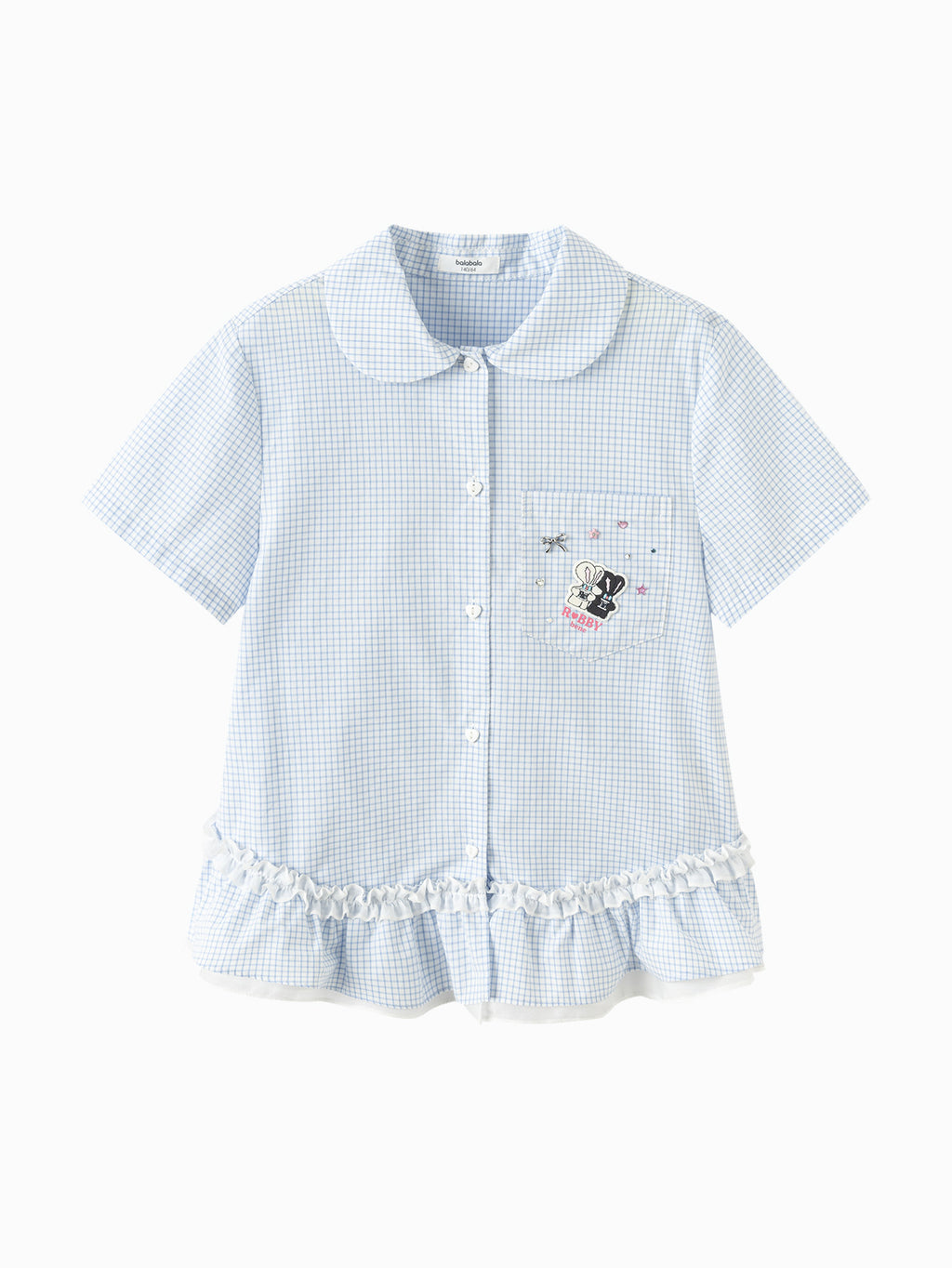 Balabala Girls Gingham Ruffle Hem Shirt White Blue