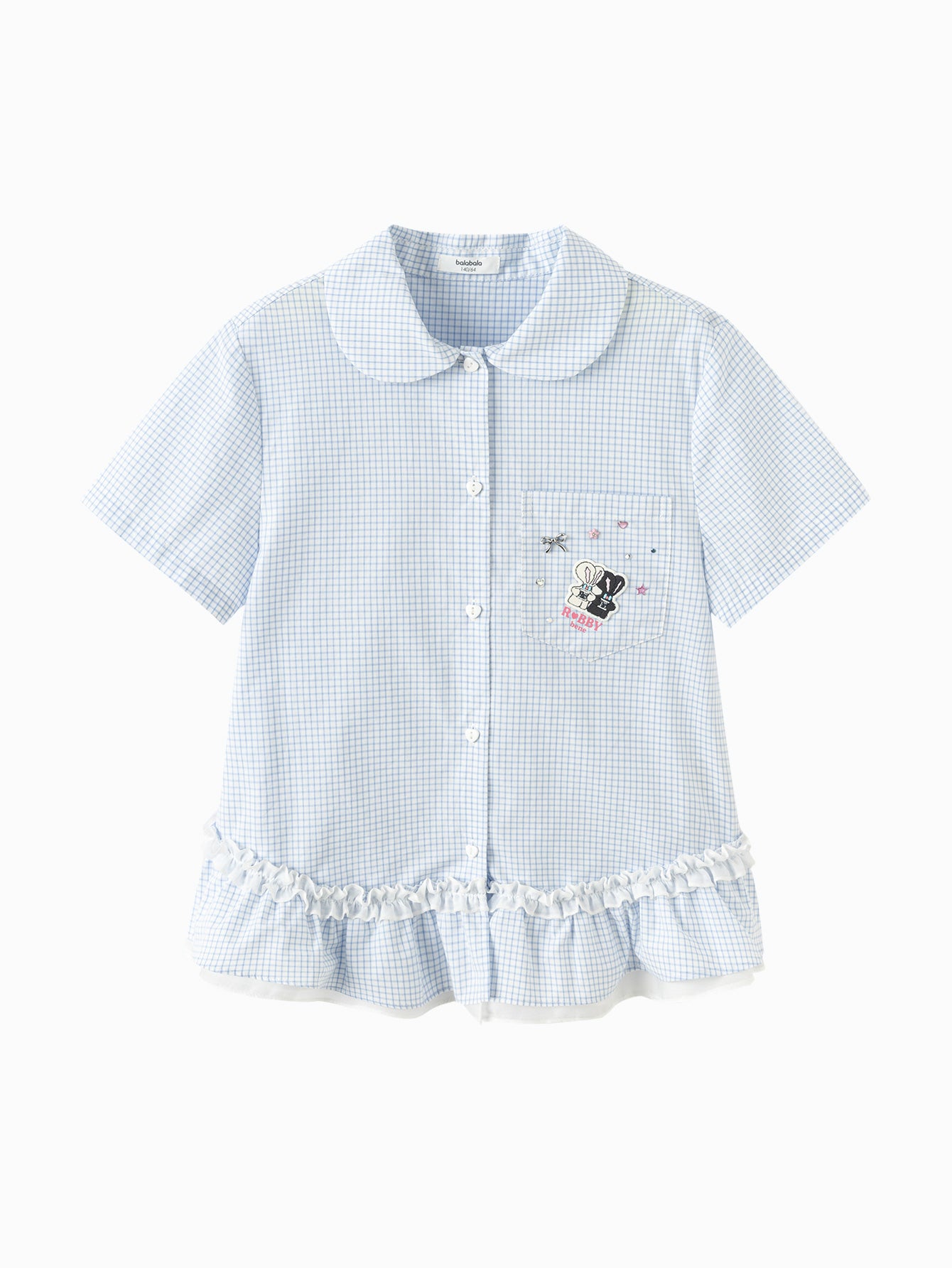 Balabala Girls Gingham Ruffle Hem Shirt White Blue