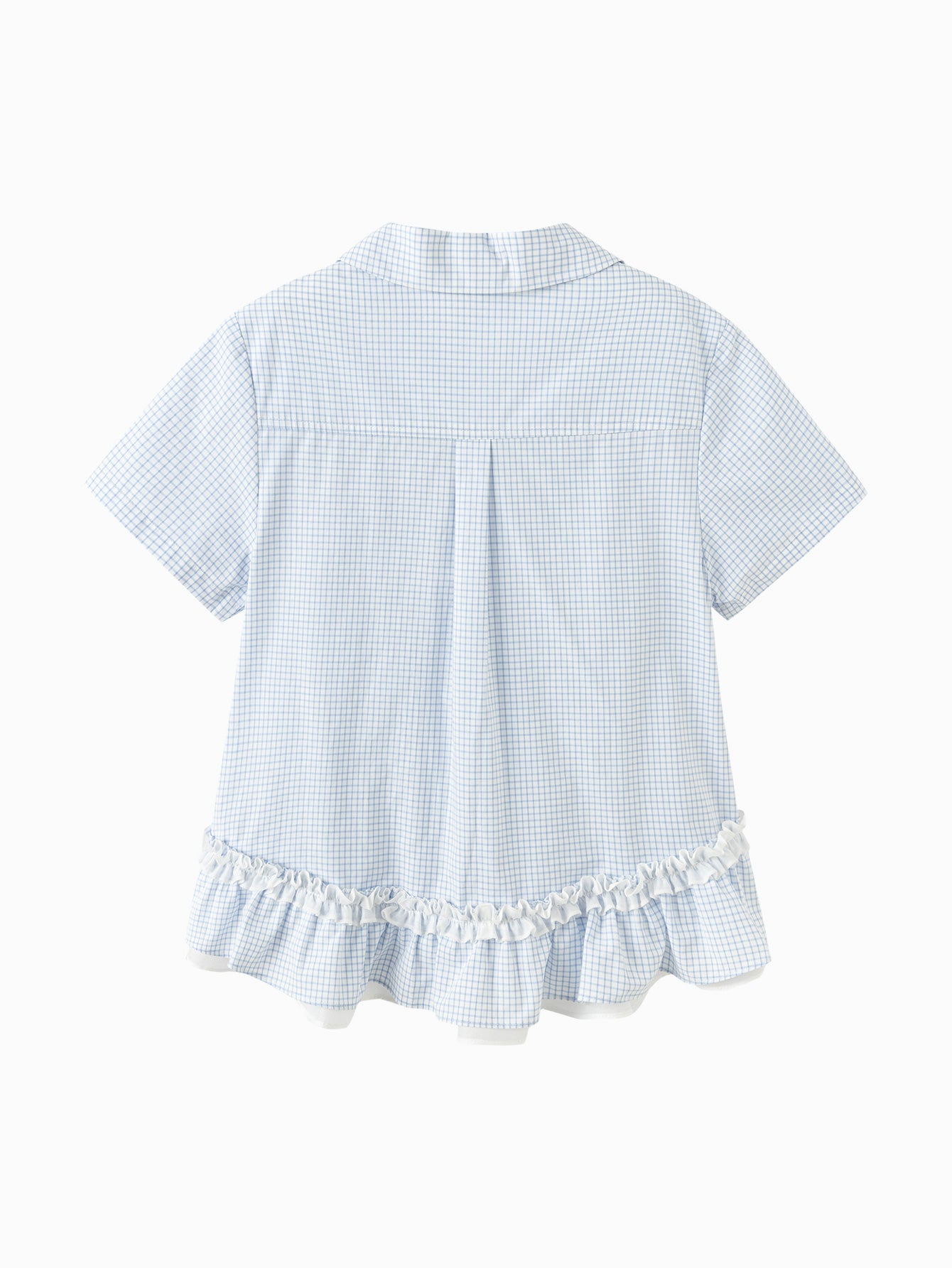 Balabala Girls Gingham Ruffle Hem Shirt White Blue