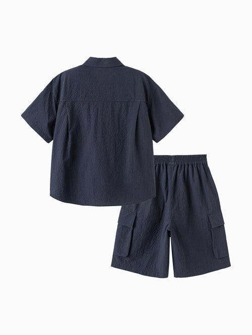 Balabala Boys Textured Shirt and Shorts Set Dark Blue