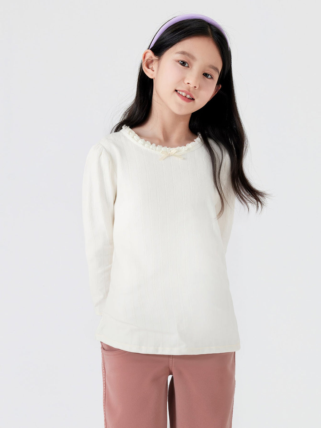 Balabala Long Sleeve T-Shirt Light Pink Ribbed Knit